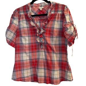 Odille Size 10 Cotton Red Plaid Puff Sleeve Blouse Country Farm Festival